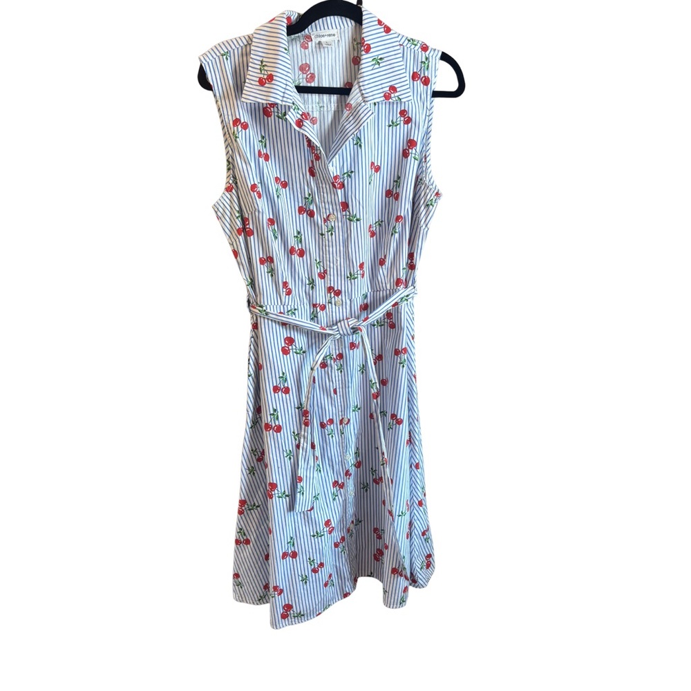 Chloe+Rene Cotton Cherry-Print Shirtdress with Tie Waist Large